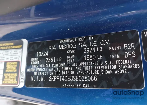 2025 Kia K4 Lxs from USA, damaged, VIN 3KPFT4DE8SE038066